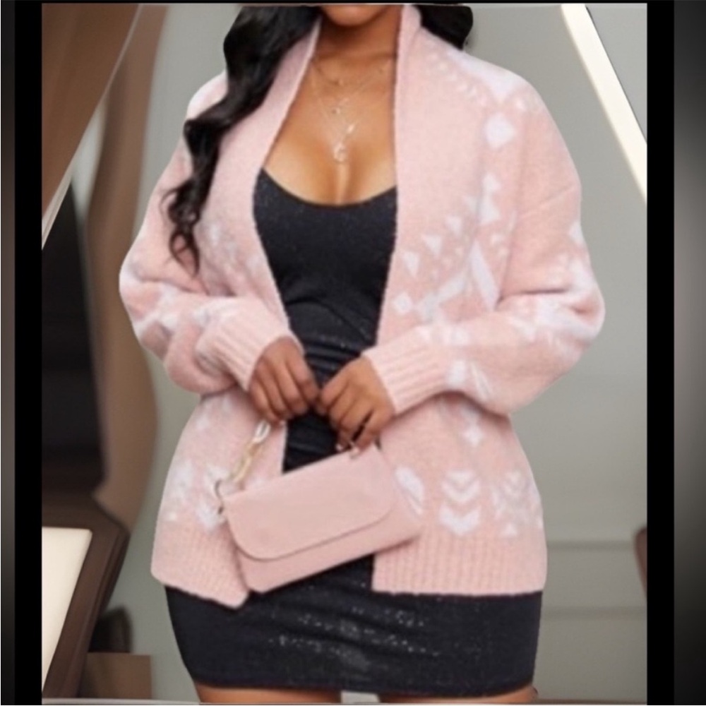 Unique Plush Knitted Pink/White Thick Cardigan W/Boho Decor Ribbed Cuffs & Trim